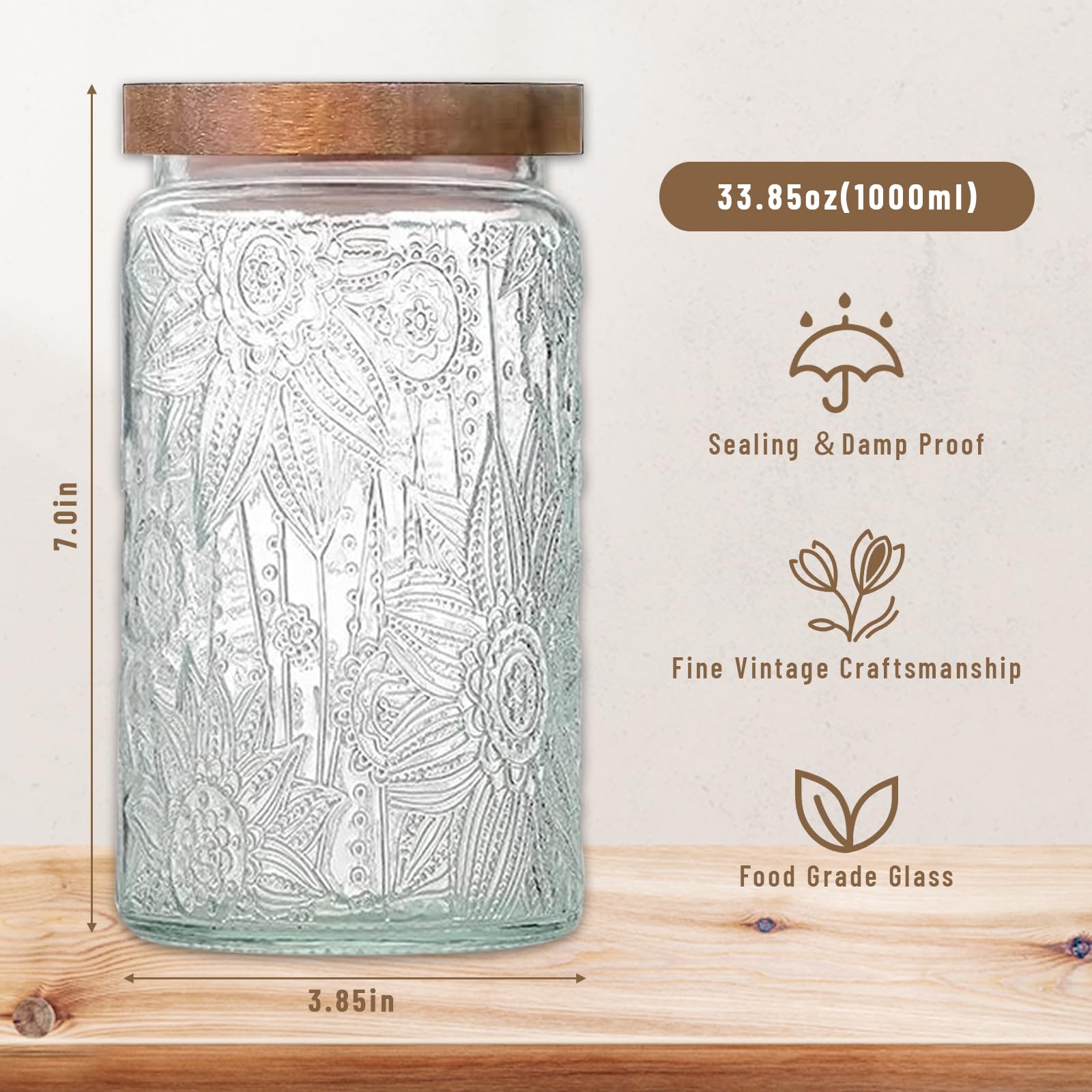 Vintage Glass Jars with Wooden Lids, 2 Pack