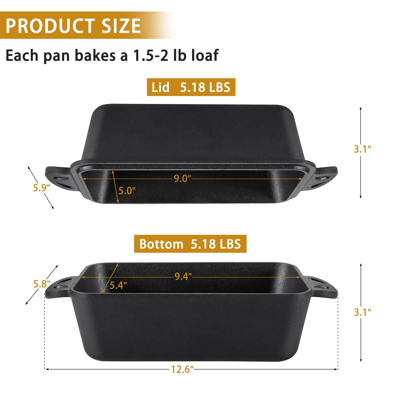 Cast Iron Loaf Pan with Lid 9x5 Inch