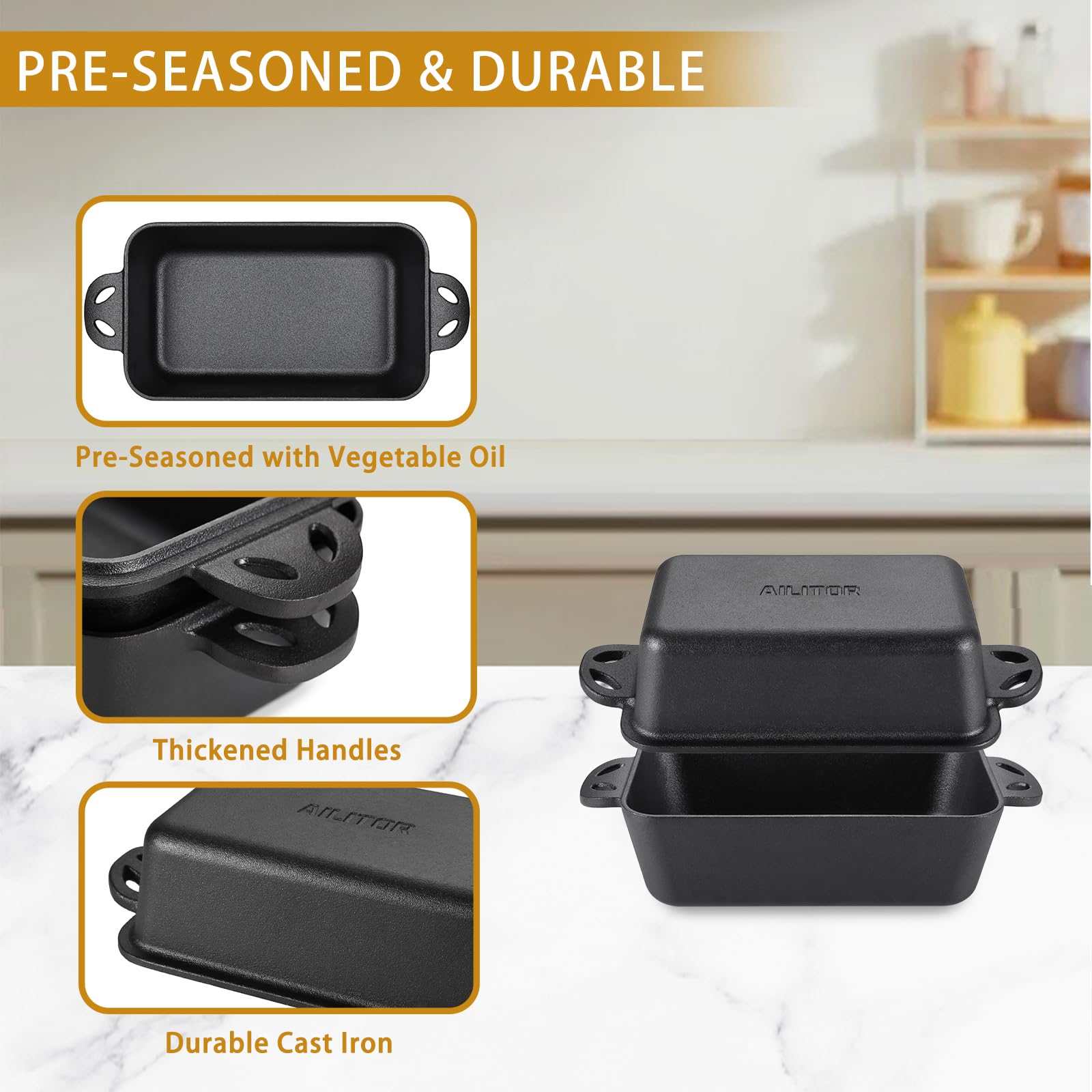 Cast Iron Loaf Pan with Lid 9x5 Inch