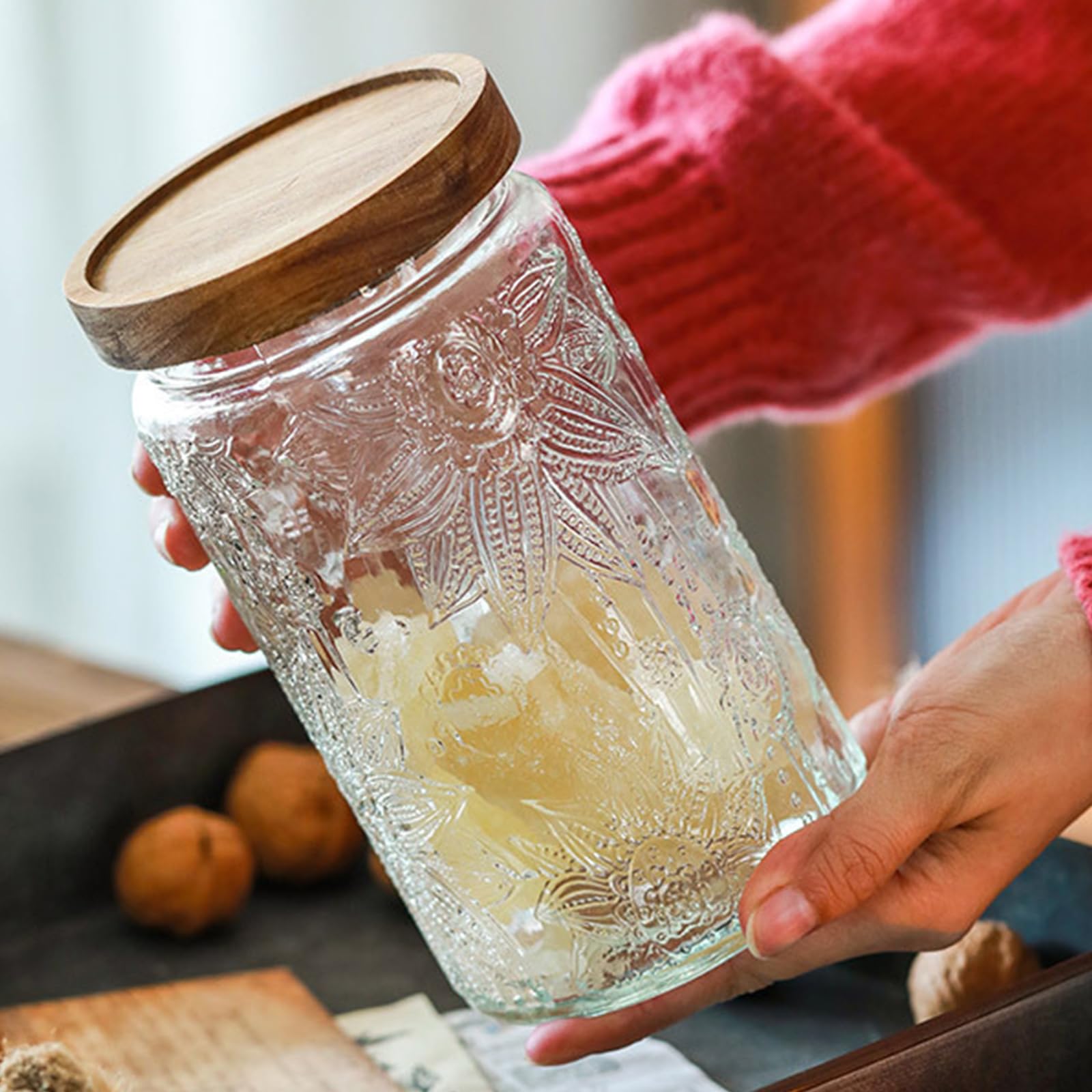 Vintage Glass Jars with Wooden Lids, 2 Pack