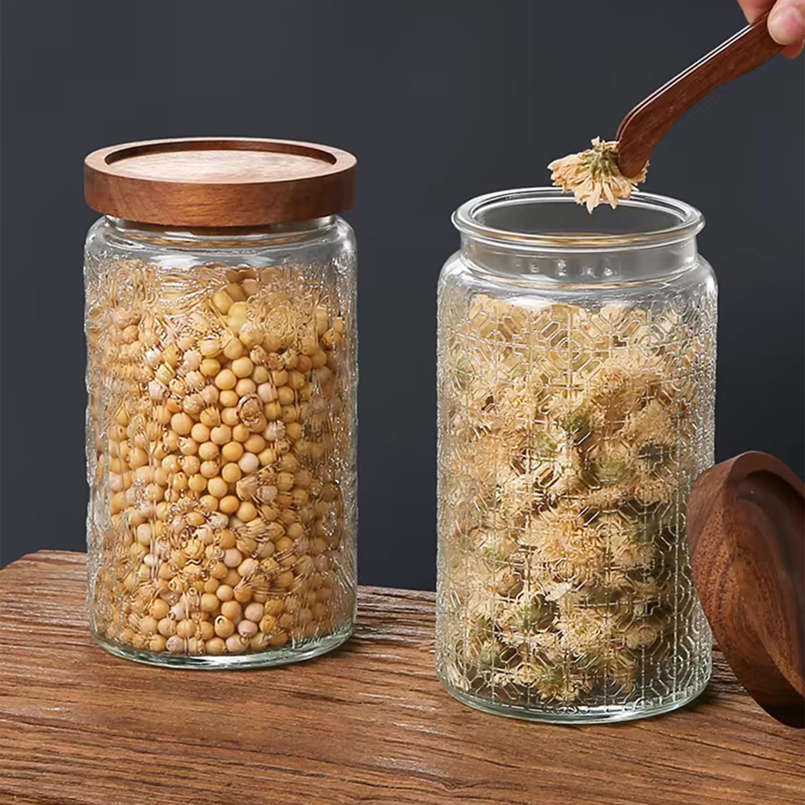 Vintage Glass Jars with Wooden Lids, 2 Pack