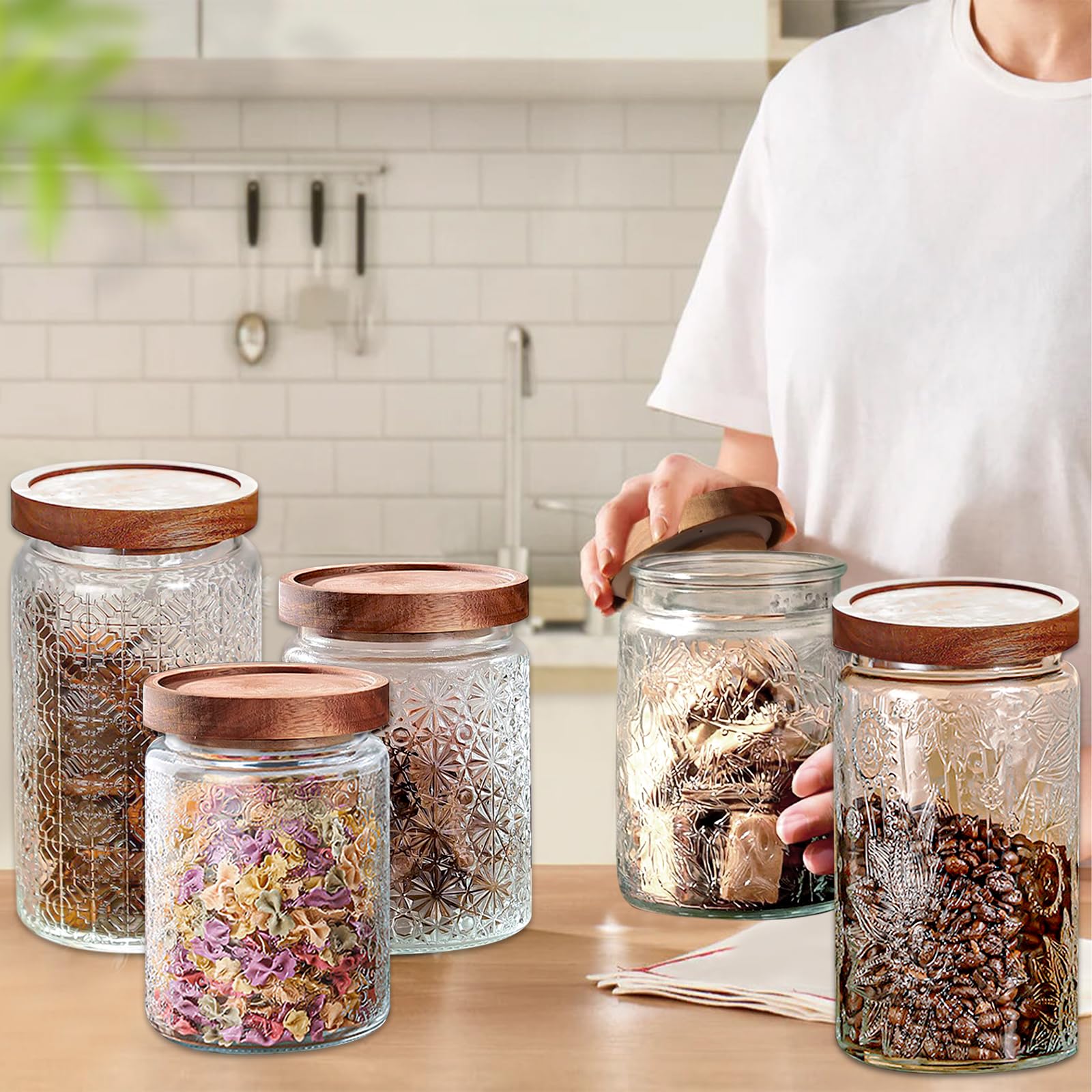 Vintage Glass Jars with Wooden Lids, 2 Pack
